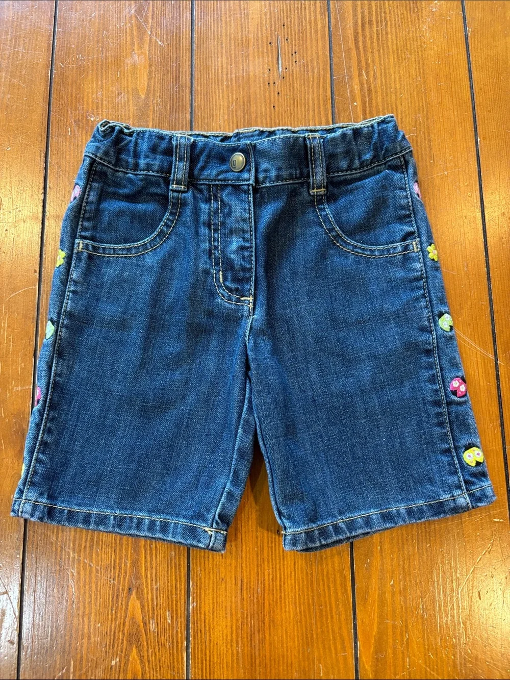 Gymboree Dark Blue Denim Shorts with Side Embroidered Ladybugs Girls Size 4 EUC